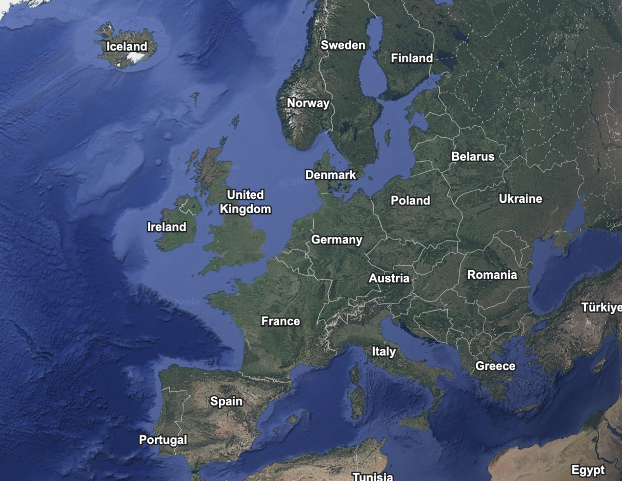 Map of Europe and the North Atlantic showing Klappir's market reach